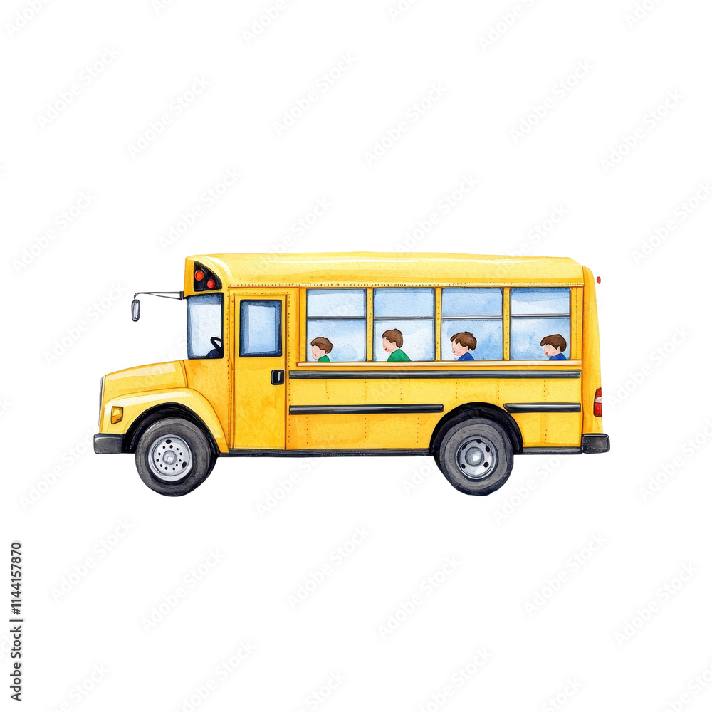 Watercolor School Bus on Suburban Street Watercolor School Bus on Suburban Street
