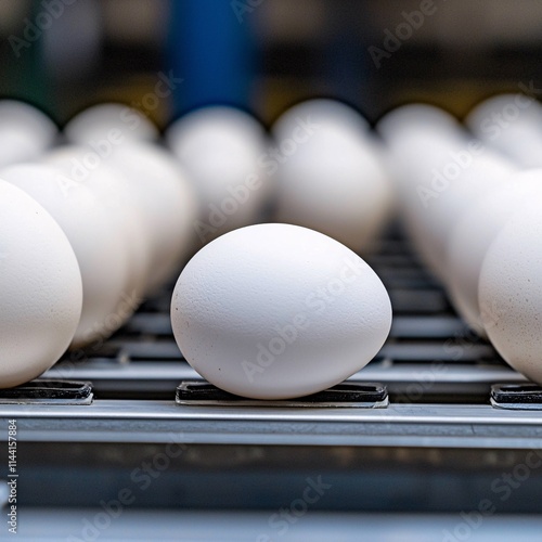 Poultry safety concept. White eggs arranged neatly on a conveyor belt in a production facility, ready for packaging and distribution.