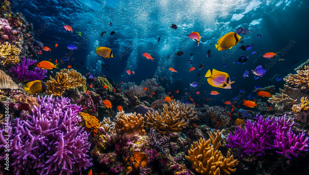 Fototapeta premium A vibrant coral reef with colorful fish and intricate marine life showcases the beauty of the marine environment.