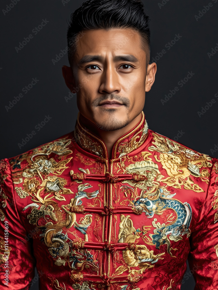 Obraz premium Man in traditional Chinese outfit poses confidently against dark background
