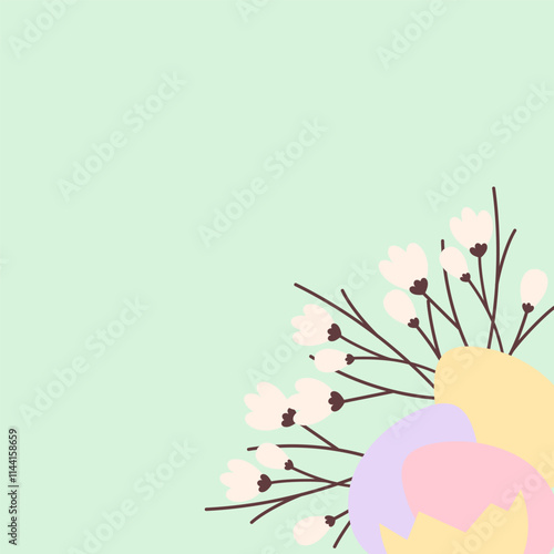 Blossom sprigs, colorful Easter Eggs and cracked eggshell Corner festive composition idea Copy space