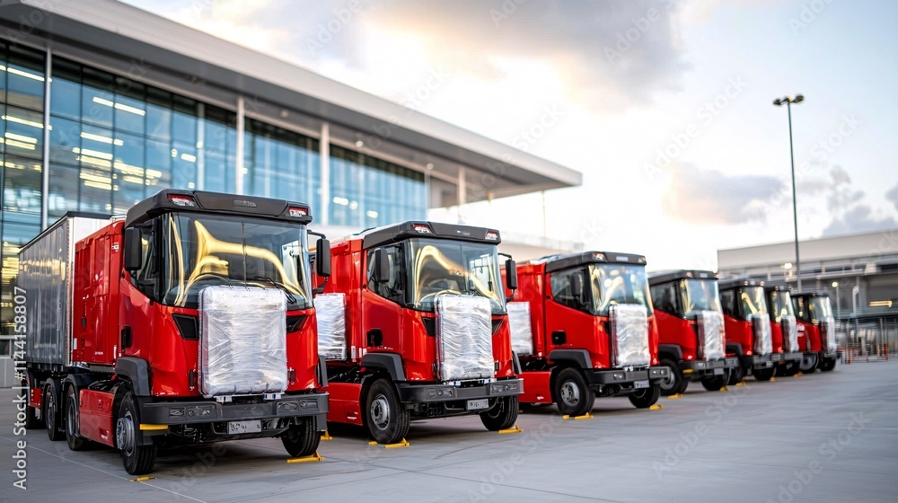 Fototapeta premium A line of red delivery trucks parked outside a modern building, showcasing urban logistics and transportation.