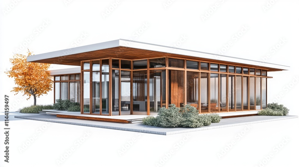 3D rendering of a modern dark gray and beige house with large windows bright lighting and cinematic details isolated on a white background. 3D rendering of a modern dark gray and beige house with large windows bright lighting and cinematic details isolated on a white background.