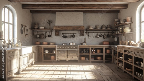 Wallpaper Mural Rustic farmhouse kitchen with wooden cabinets, open shelving, and vintage stove. Torontodigital.ca