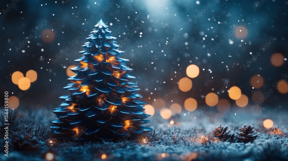 Obraz premium Modern industrial Christmas tree of layered blue steel plates, glowing with lights, snow-covered winter scene