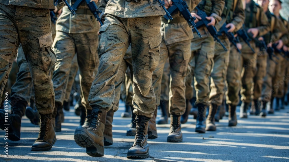 Soldiers in uniform march in formation, highlighting discipline, unity, and precision during a military parade. Camouflage pants, guns, and synchronized movement add to the solemnity. Soldiers in uniform march in formation, highlighting discipline, unity, and precision during a military parade. Camouflage pants, guns, and synchronized movement add to the solemnity.