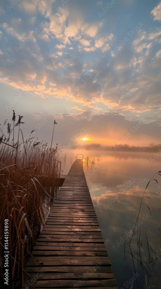Fototapeta premium A serene lake scene with a boardwalk, misty waters, and sun setting/rising. Tranquil atmosphere, orange glow, reeds, picturesque beauty.
