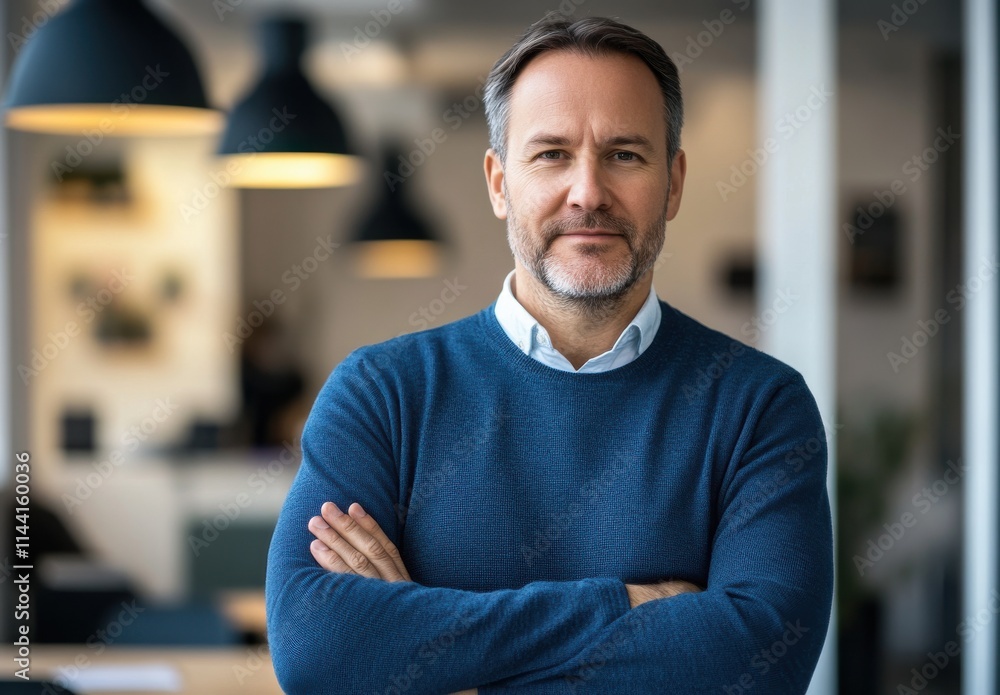 Obraz premium Confident Businessman in Casual Sweater Posing with Arms Crossed in Modern Office Space, Professional Portrait with Warm Lighting and Contemporary Decor