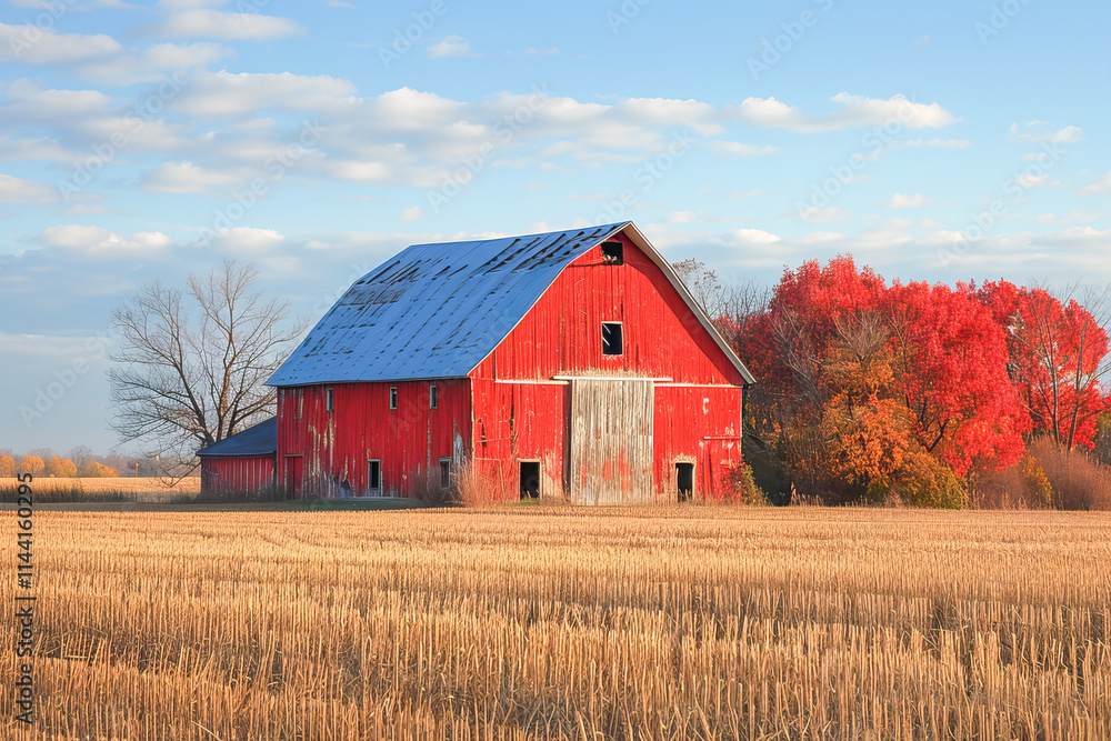 Obraz premium Red barn standing in harvested field with fall colors