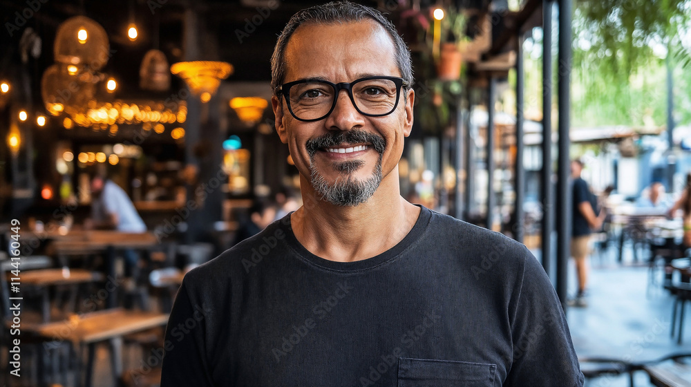 Mixed race man enjoying a vibrant cafe setting during a relaxed afternoon Mixed race man enjoying a vibrant cafe setting during a relaxed afternoon