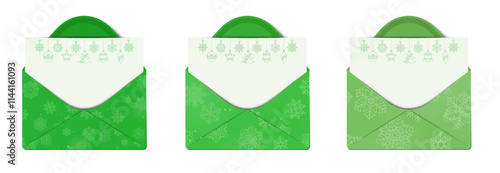 Green color winter greetings card envelope set with snowflakes vector. Winter holidays concept card design to use for merry christmas cards, winter business advertising, holiday greetings.  photo