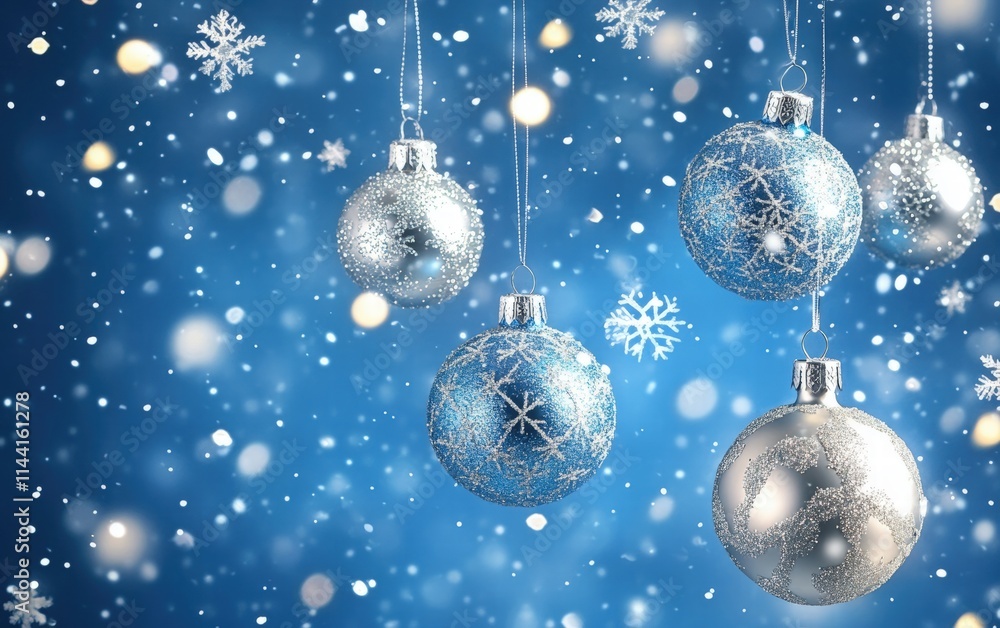 A vibrant blue background with glowing silver ornaments and softly falling snowflakes A vibrant blue background with glowing silver ornaments and softly falling snowflakes
