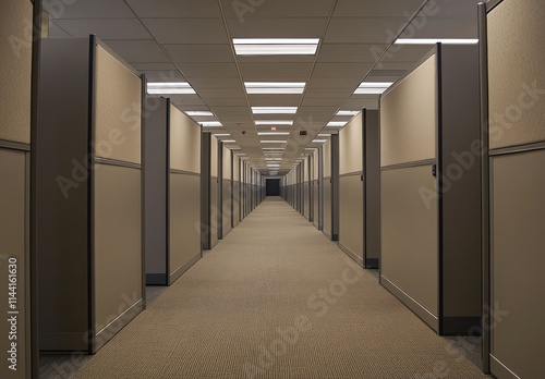 Empty Corporate Office Space with Rows of Cubicles in Modern Workspace Design Featuring Neutral Colors and Bright Lighting for Professional Environment
