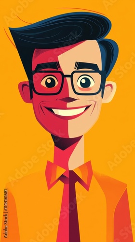 stylized cartoon avatar of a smiling man wearing glasses, bold outlines and vibrant colors, focus on friendly and approachable design