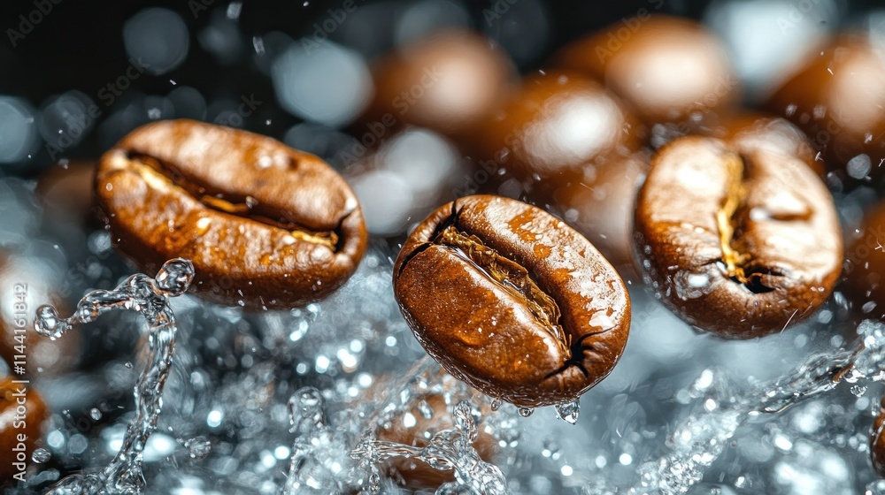 Roasted coffee beans splashing in water. Roasted coffee beans splashing in water.
