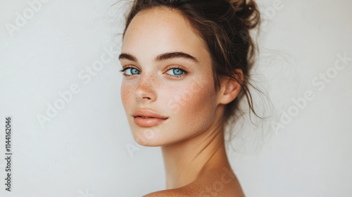 Beautiful woman with natural makeup and freckled skin poses gracefully against a neutral background