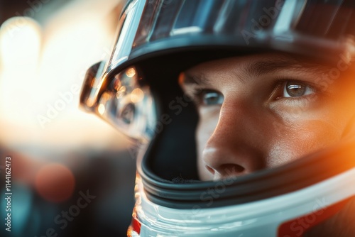 Focused young race car driver preparing for a high-speed competition at sunset in a vibrant racing environment photo