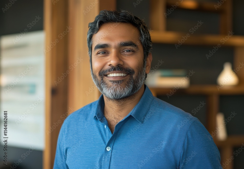 Friendly and Confident Man with Beard Smiling in Modern Office Environment, Showcasing Professionalism and Approachability in a Well-Lit Workspace Friendly and Confident Man with Beard Smiling in Modern Office Environment, Showcasing Professionalism and Approachability in a Well-Lit Workspace