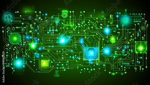 Futuristic Circuit Board Abstraction with Glowing Lines, Connections, and Digital Illumination.