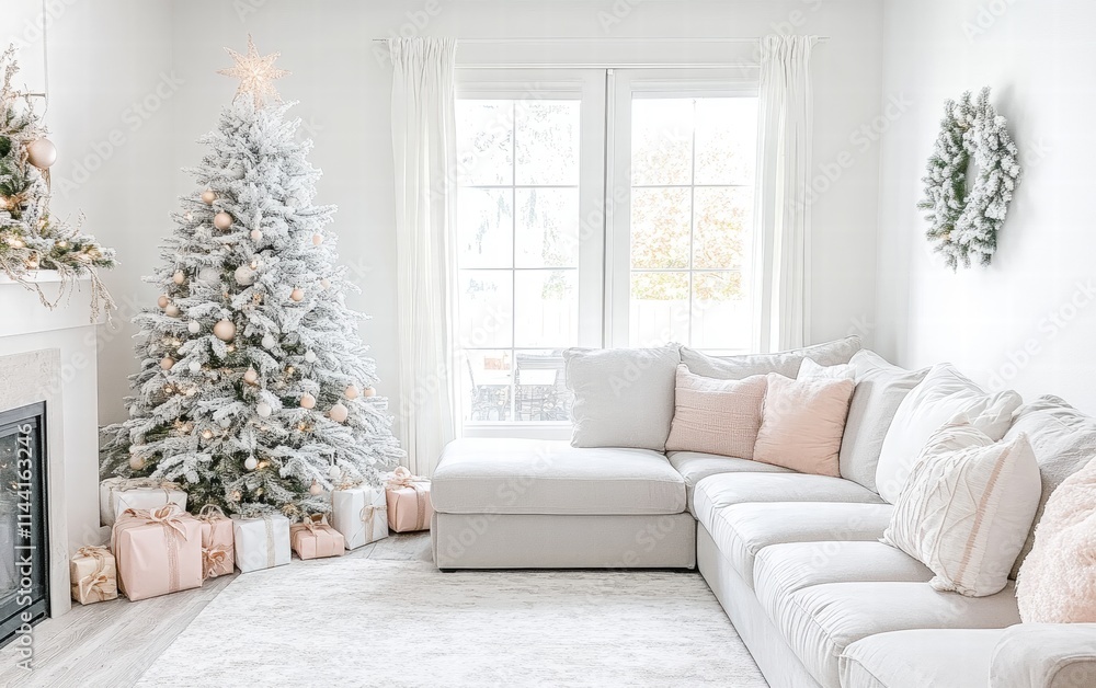 Naklejka premium A bright and airy family room with white walls, a frosted Christmas tree with pastel decorations, and a light gray sectional sofa
