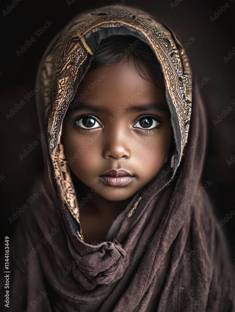 Portrait of a young child in traditional attire with captivating eyes and a serene expression