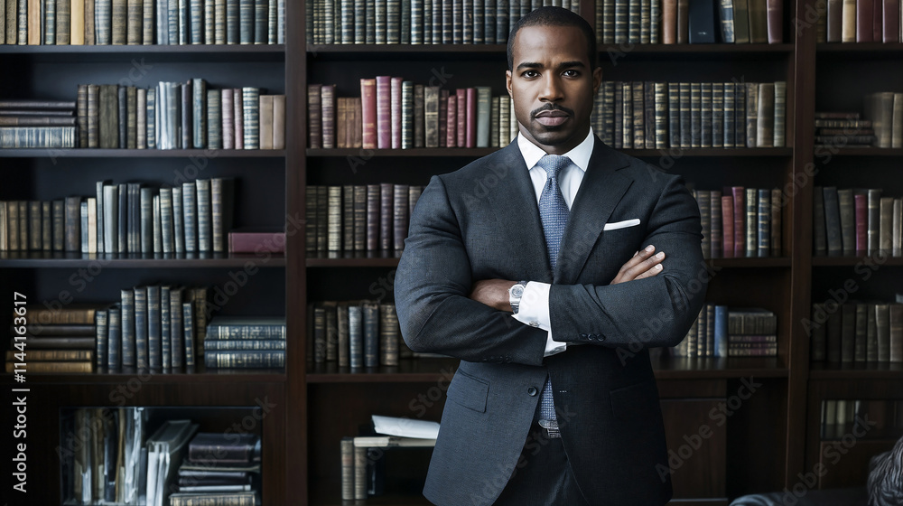 Confident black man in tailored suit poses in front of a library filled with books Confident black man in tailored suit poses in front of a library filled with books