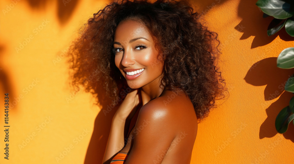 Fototapeta premium Smiling black woman with curly hair poses against a vibrant orange wall outdoors