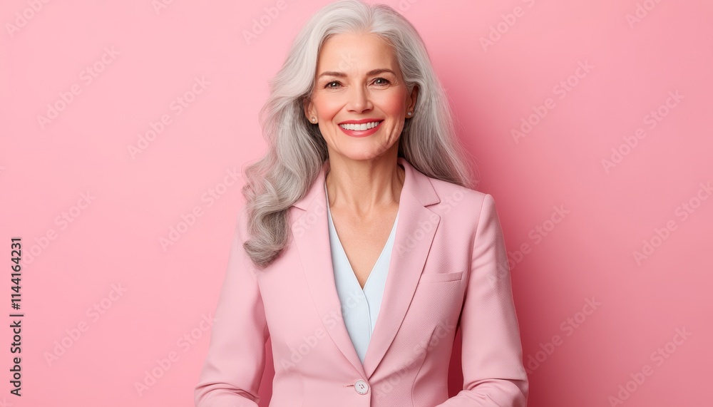 Portrait of a Smiling Senior Woman with Gray Hair in a Pink Jacket on a Pink Background Portrait of a Smiling Senior Woman with Gray Hair in a Pink Jacket on a Pink Background