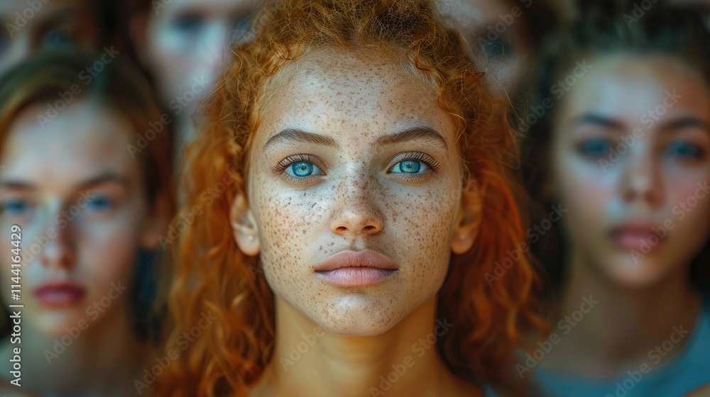 Obraz premium Close-up portrait of a young woman with red hair and freckles, surrounded by other women.