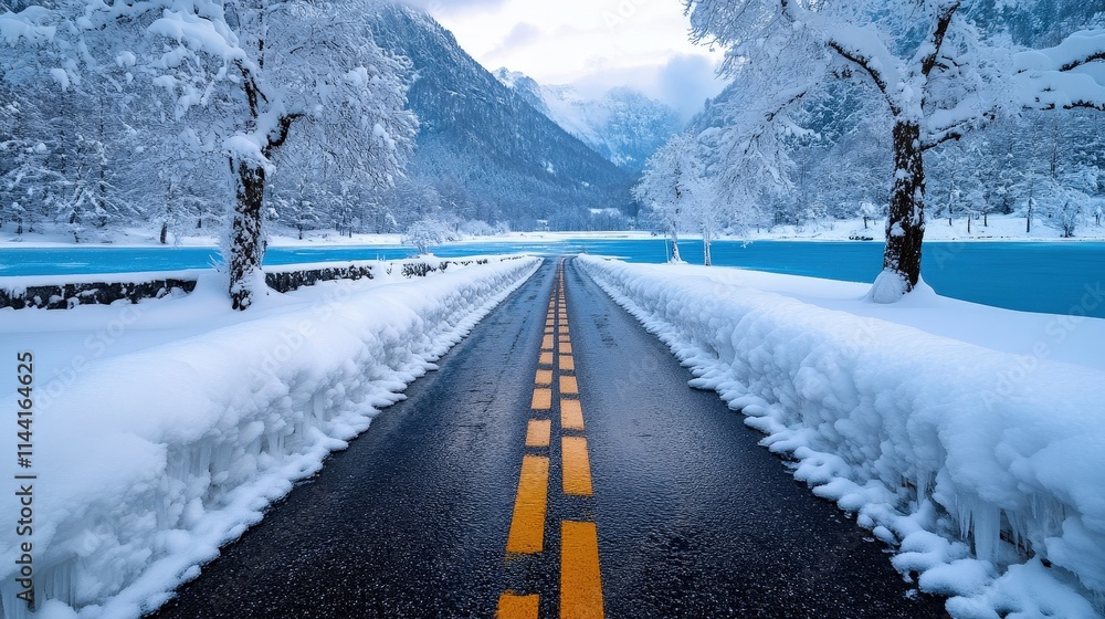 This image captures a welcoming road surrounded by lush, snow-covered trees, leading towards a tranquil body of icy blue water and distant mountain peaks under a cloudy sky. This image captures a welcoming road surrounded by lush, snow-covered trees, leading towards a tranquil body of icy blue water and distant mountain peaks under a cloudy sky.
