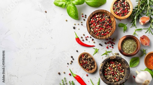 Wallpaper Mural Flat lay of spices, herbs, and chili peppers on white textured background Torontodigital.ca