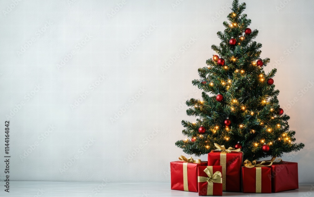 A vibrant green Christmas tree adorned with glowing fairy lights and classic red presents placed underneath on a white background A vibrant green Christmas tree adorned with glowing fairy lights and classic red presents placed underneath on a white background