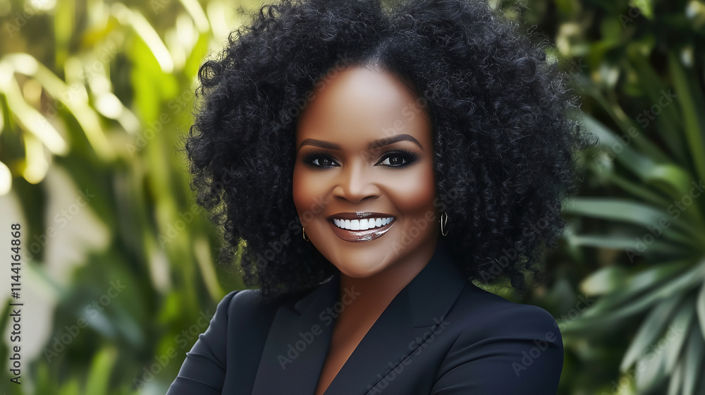 Portrait of a smiling professional black woman in a lush garden setting during daylight Portrait of a smiling professional black woman in a lush garden setting during daylight