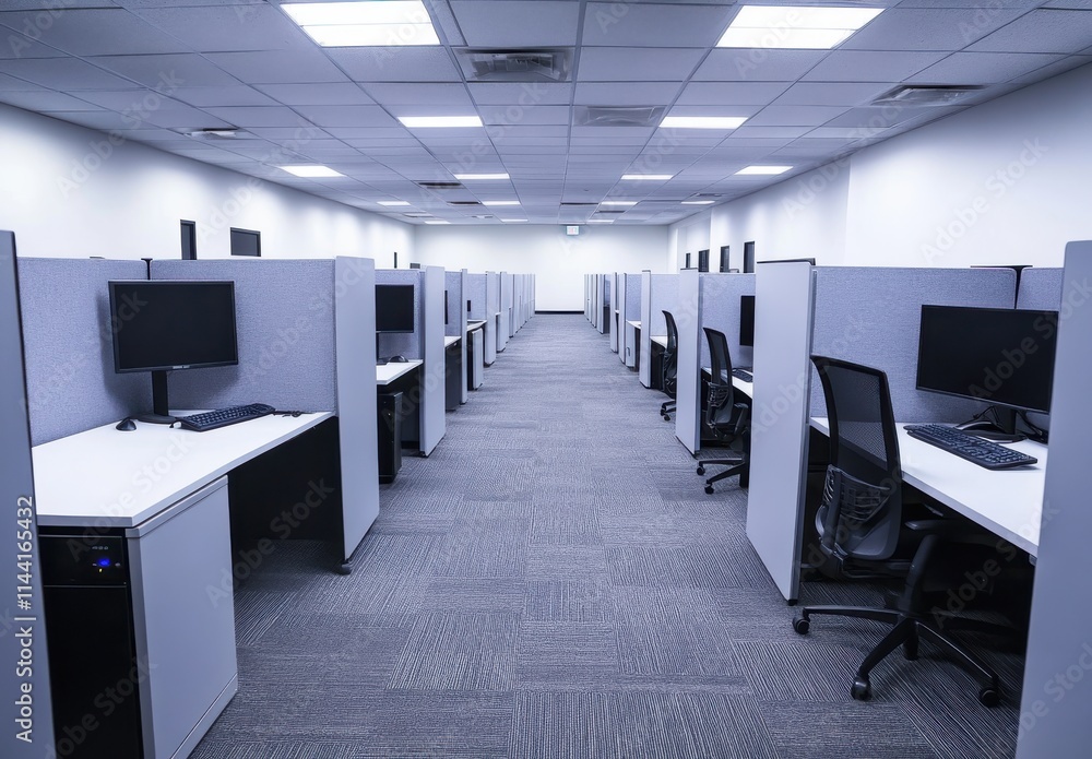 Modern and Minimalist Office Space with Rows of Workstations and Computer Monitors in a Brightly Lit Environment Suitable for Remote Work and Office Use Modern and Minimalist Office Space with Rows of Workstations and Computer Monitors in a Brightly Lit Environment Suitable for Remote Work and Office Use