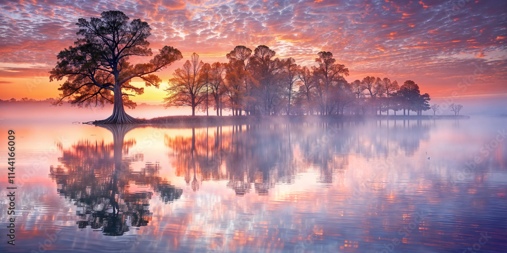 Stunning sunrise over a tranquil lake with mist and reflection of trees in the background Stunning sunrise over a tranquil lake with mist and reflection of trees in the background