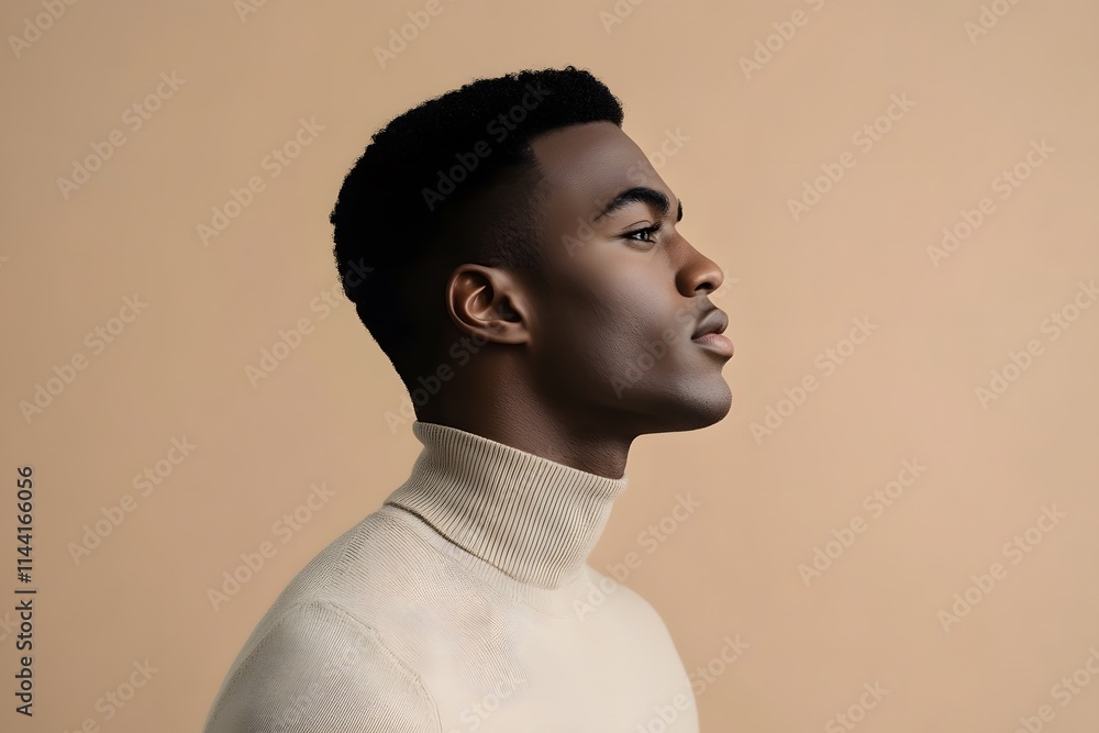 side profile of a black man with chiseled jawline, short curly hair, and turtleneck sweater in a neutral background side profile of a black man with chiseled jawline, short curly hair, and turtleneck sweater in a neutral background