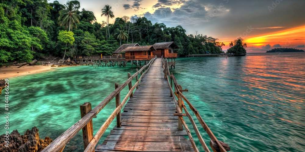 Fototapeta premium Stunning sunset over tropical pier leading to a serene wooden cabin by the sea
