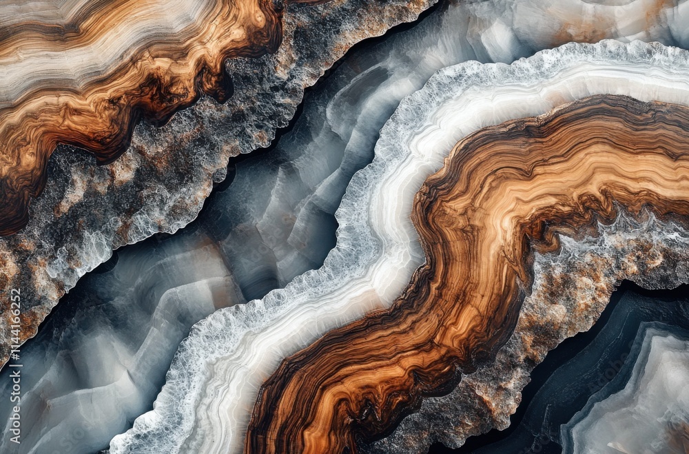 Obraz premium Abstract, flowing pattern on the surface of an agate, highlighting intricate patterns and textures in shades of brown, gray, white, black and shades of blue, reminiscent of natural rock formations.
