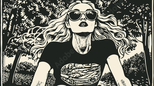 A blonde woman in sunglasses is riding a bicycle.  Engraving style, vector illustration. 