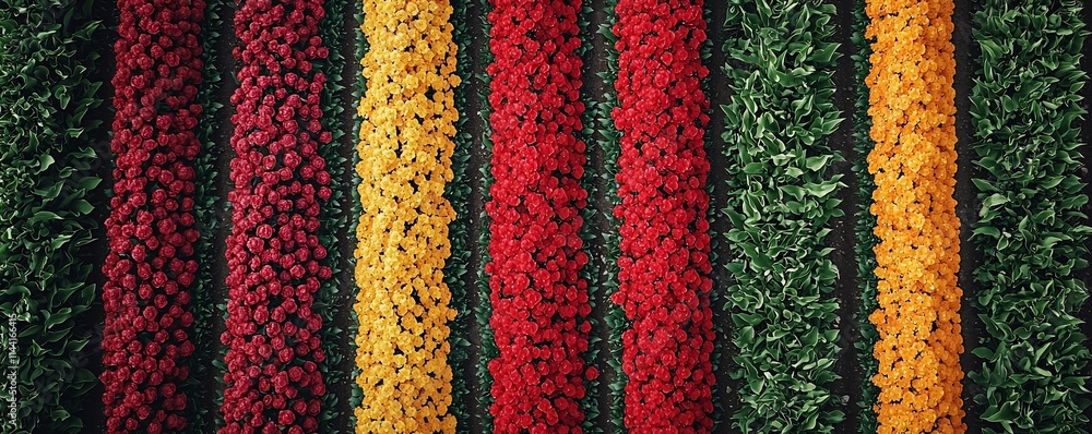 Obraz premium Drone View of Symmetric Rows of Vibrant Red and Yellow Tulips Creating Geometric Patterns