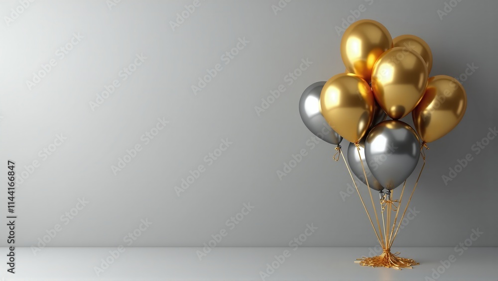 Reflective gold and silver balloons on the right, festive greeting card against a gray background Reflective gold and silver balloons on the right, festive greeting card against a gray background