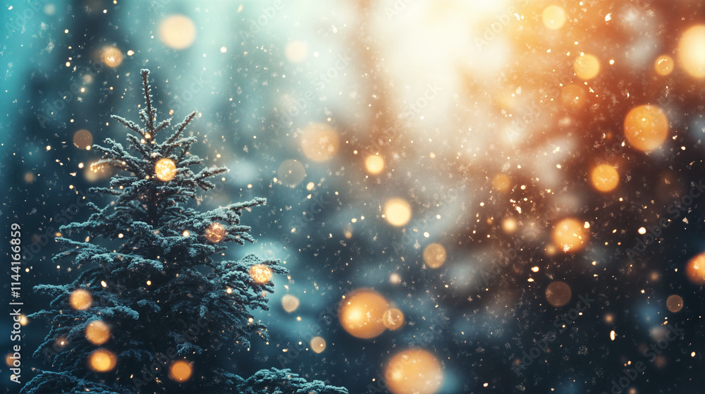 Serene winter landscape with falling snow and sparkling lights in a tranquil forest setting Serene winter landscape with falling snow and sparkling lights in a tranquil forest setting