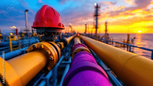 A striking view of pipelines leading into the ocean at sunset, showcasing the beauty of industrial infrastructure along with the natural environment surrounding it.