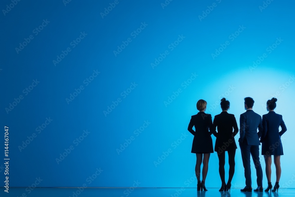 Three professionals in suits stand against a bright blue background during an event in a modern venue Three professionals in suits stand against a bright blue background during an event in a modern venue