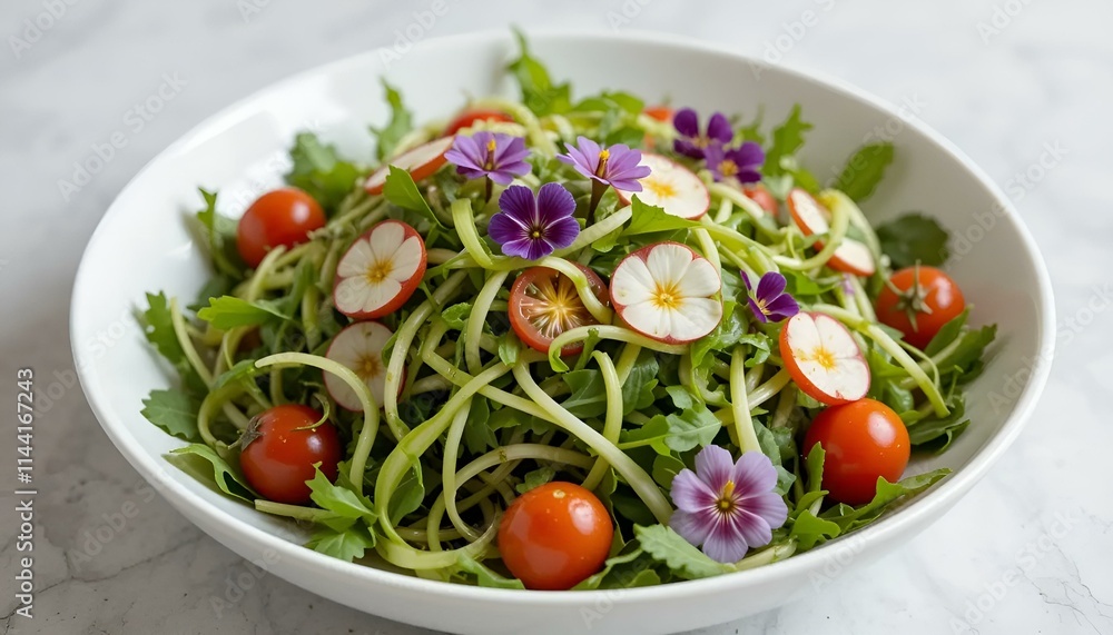 Fresh vegetable salad with zucchini noodles, cherry tomatoes, and edible flowers in a white bowl Fresh vegetable salad with zucchini noodles, cherry tomatoes, and edible flowers in a white bowl