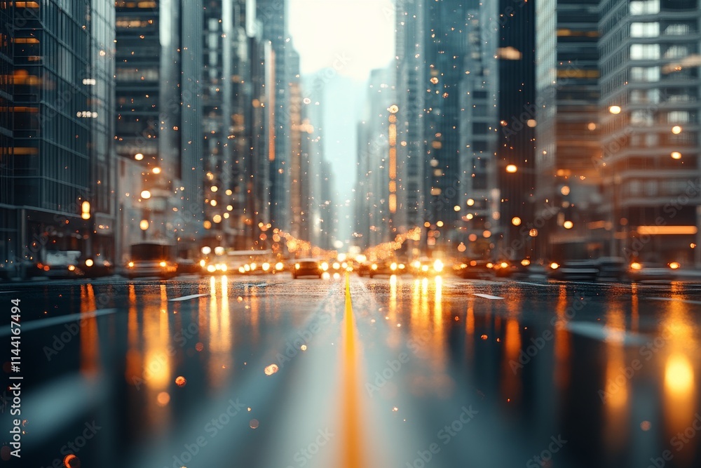 City street illuminated by lights at dusk with a rainy atmosphere creating reflections on the pavement City street illuminated by lights at dusk with a rainy atmosphere creating reflections on the pavement