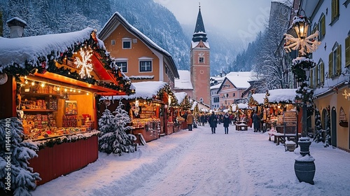 Panorama Christmas Market Square Hallstatt showcasing charming holiday decorations festive stalls seasonal ambiance perfect capturing magic European Christmas markets