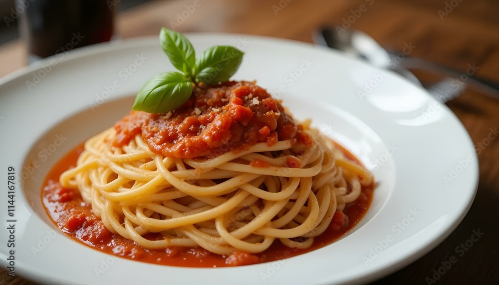 Delicious spaghetti with red sauce and basil on a white plate in an Italian restaurant setting Delicious spaghetti with red sauce and basil on a white plate in an Italian restaurant setting