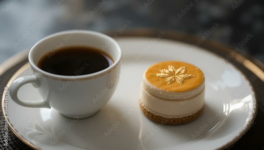 Elegant coffee with a dessert on a white plate in a stylish café setting for a cozy afternoon Elegant coffee with a dessert on a white plate in a stylish café setting for a cozy afternoon