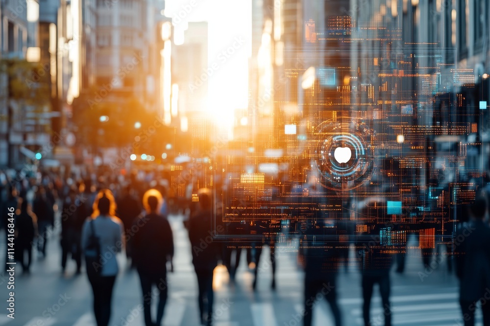 Sunset casting a warm glow on busy city street filled with pedestrians and digital interface overlays Sunset casting a warm glow on busy city street filled with pedestrians and digital interface overlays